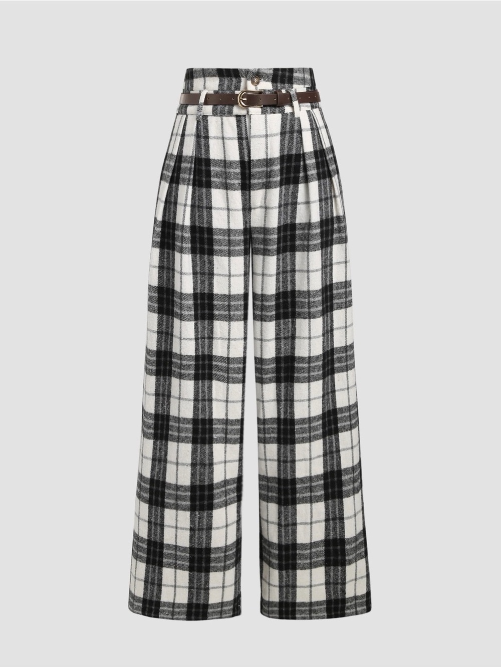 Cider Black & White Wide-Leg Plaid Pants with Brown Belt